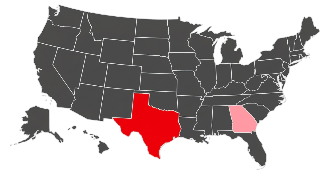 Map of the United States. Texas is currently live; Georgia is coming next.
